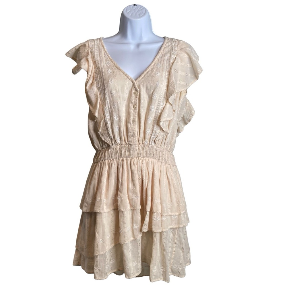 LOVE SAM Beige Ruffle Tiered Boho-Chic Mini Dress Sz XS Gauzy Festival Romantic‎